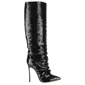Casadei Black Sequined Tall Stiletto Boot US 7